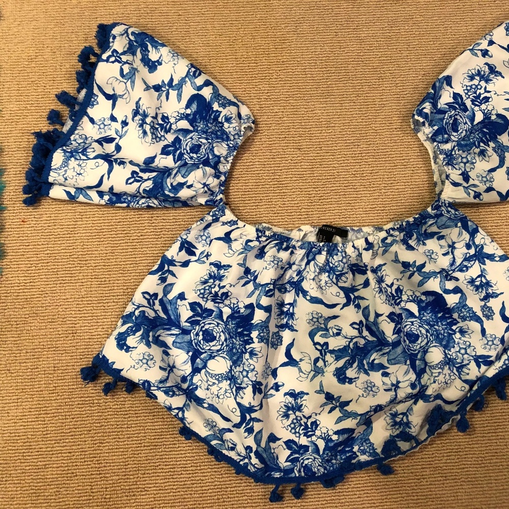 Blue and White Floral Off the Shoulder Top